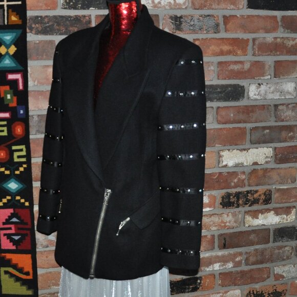 PARASUCO BLACK Wool Tailoreded Fitted CAR Coat Jacket Studded sleeves Zip-up Lrg - Picture 2 of 15